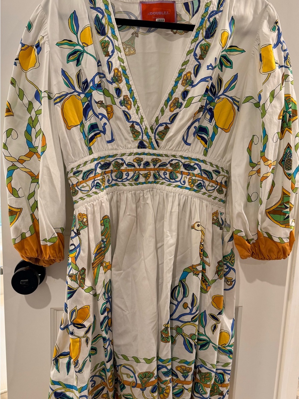 La double J Embroidered Lemon-Print White Cotton Midi Dress